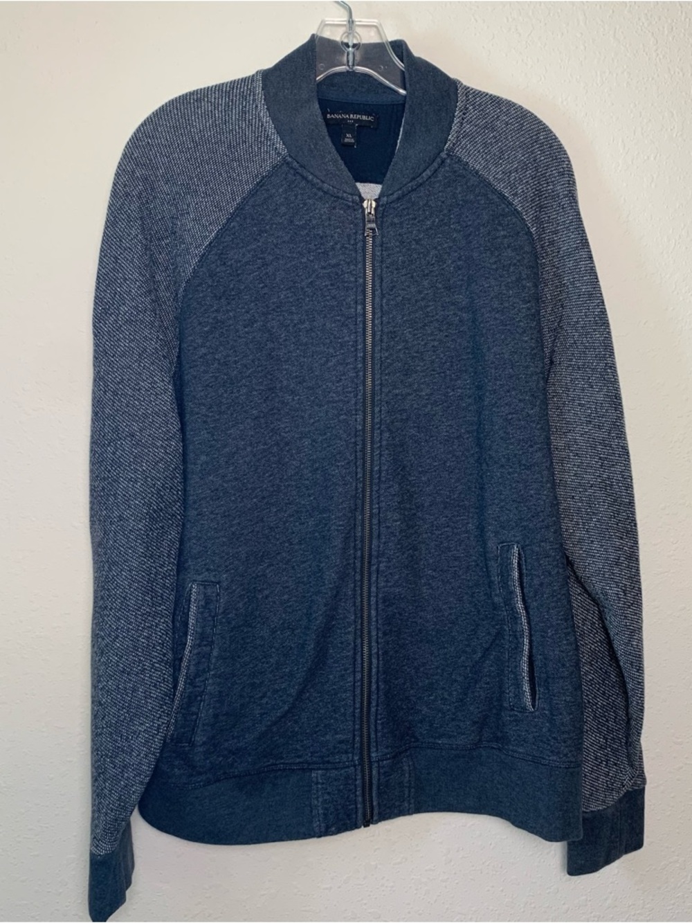 Banana Republic Mens XL Blue Cotton Full Zip Raglan Bomber Jacket Heathered